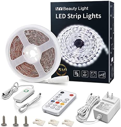 MY BEAUTY LIGHT LED Strip Lights White,16.4ft Dimmable LED Light Strip with RF Remote,300 Bright 6500K 2835 LEDs,Plug-in Adhesive Rope Lights with Timing Mode for Living Room Bedroom Kitchen Cabinet