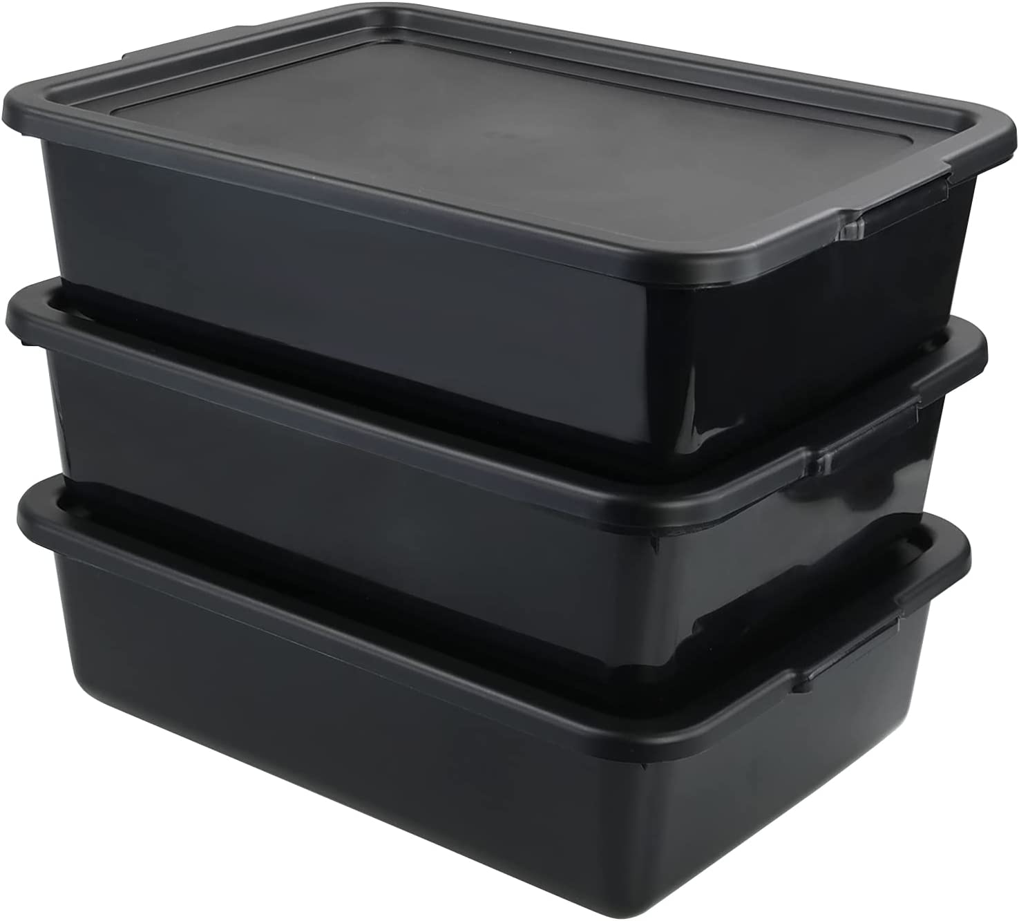 Tyminin Pack of 3 Food Service Bus/Utility Tote Box with Lid, Plastic Restaurant Dish Tub, 13 L, Black