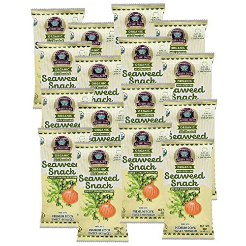 Organic Mini Roasted Seaweed Snack, Sweet Onion Flavor, Vegan, Gluten Free, Great Source of Iodine and Omega 3’s, Healthy On-The-Go Snack for Kids & Adults, 16 Packs of 4 Grams