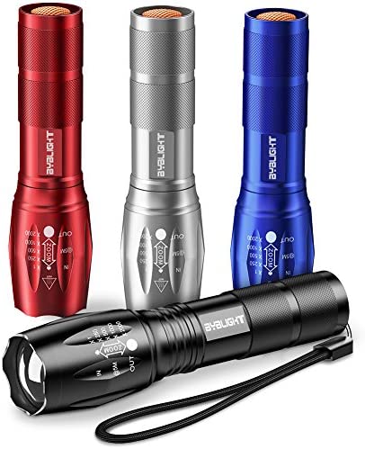 BYBLIGHT Pack of 4 Tactical Flashlights, 800 Lumen Ultra Bright LED Flashlight with 5 Modes, Zoomable, Waterproof, Handheld Small Flashlight for Outdoor Camping, Fishing and Hunting (Colorful)