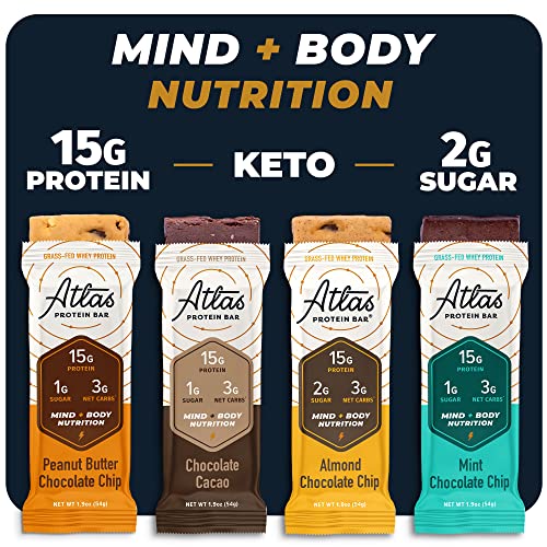Atlas Mind + Body Keto Protein Bar – Chocolate Lovers Variety Keto Bars – Low Carb Protein Bars – High Fiber Bars – Low Sugar Meal Replacement Bars – Organic Ashwagandha (10 Count, Pack of 2)