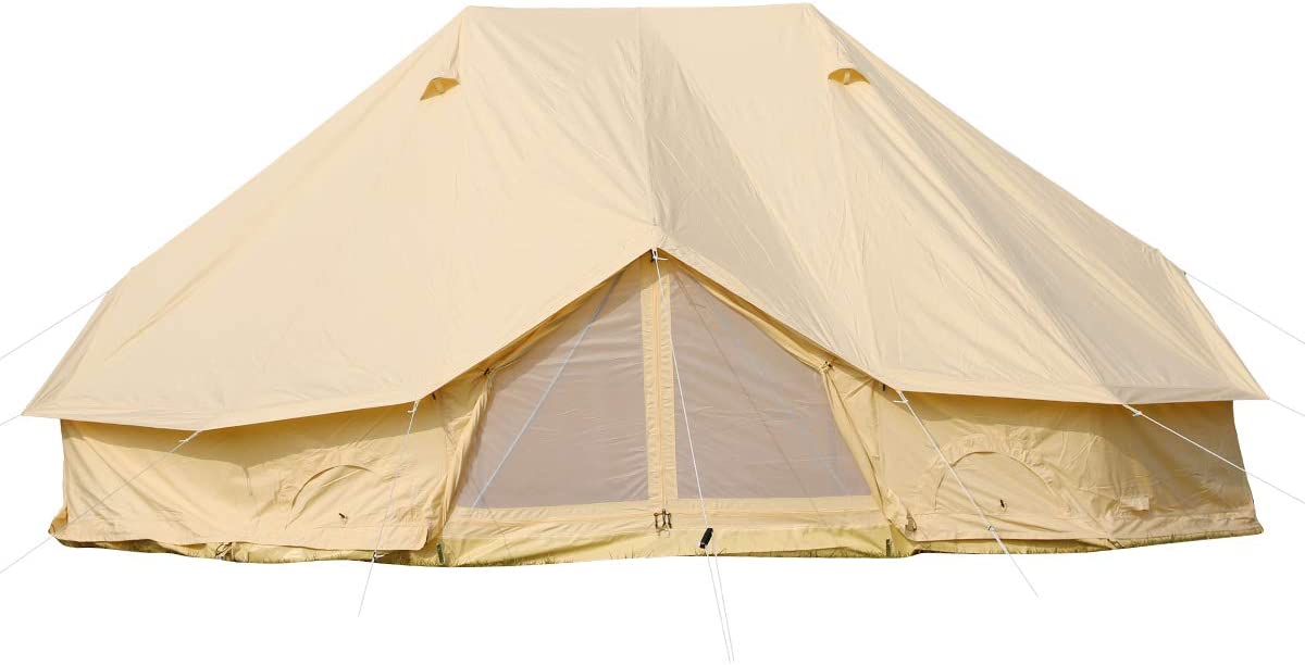 UNISTRENGH 6M Cotton Canvas Bell Tent 3 Doors Extra Large Waterproof Camper Tent with Roof Stove Hole for 8-12 People Camping Hiking Family Party