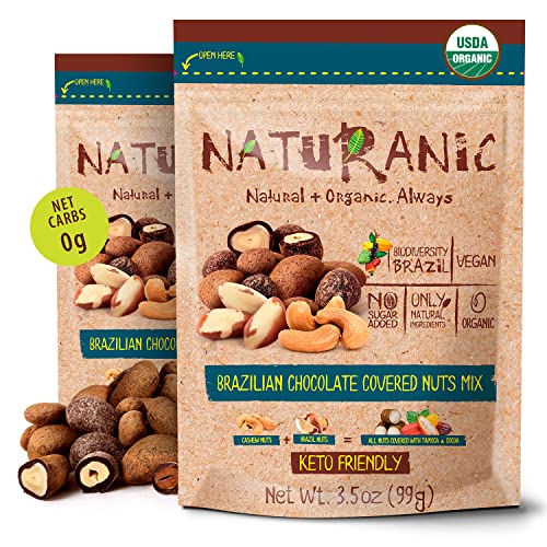 Naturanic Chocolate Covered Nuts-Organic Brazil Nuts & Cashews in Dark Chocolate, Keto Friendly Zero Net Carb-Unbeatable Taste in a Zero Sugar Chocolate Snack- Natural, Vegan, Gluten Free -Pack of 2
