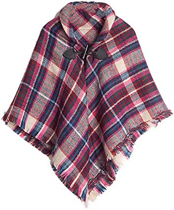 CXINS Girls Kids Fall Knitted Pullover Sweaters Horn Button Poncho Tassel Plaid Cloak Cape