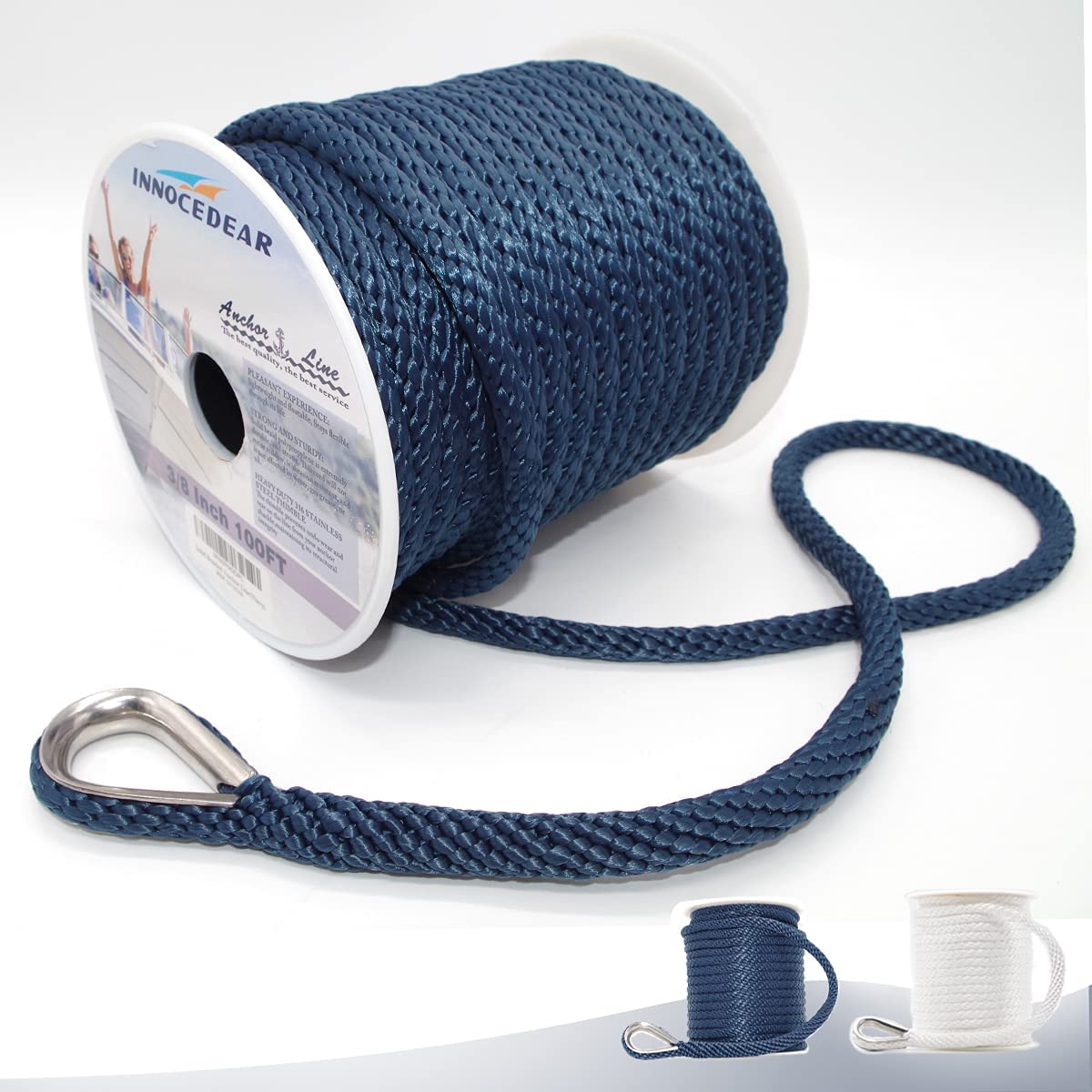 INNOCEDEAR Anchor Rope Braided Anchor Line(Navy, 3/8" x 100′) Premium Solid Braid MFP Boat Rope with Stainless Steel Thimble, Quality Marine Rope, Boat Accessories