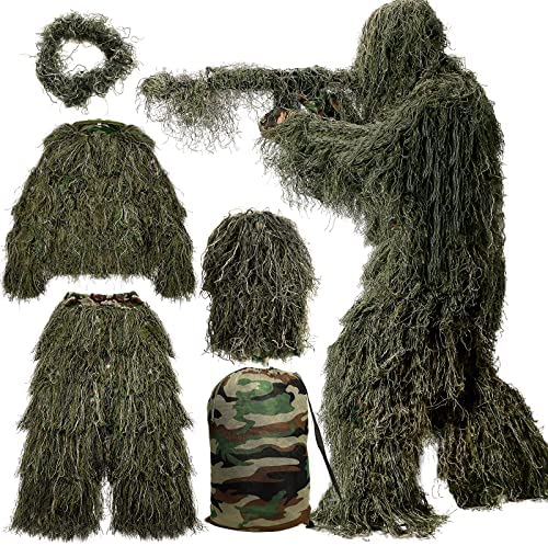MOPHOTO 5 in 1 Ghillie Suit, 3D Camouflage Hunting Apparel Including Jacket, Pants, Hood, Carry Bag Suitable for Unisex Adults/Youth (M/L/XL/XXL)