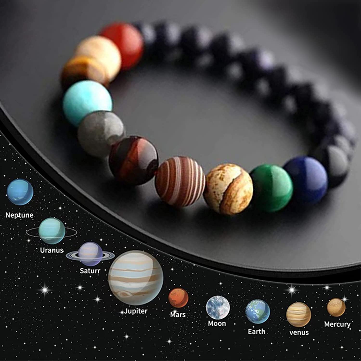 Solar System Eight Planet Themed Natural Stone Beaded Bracelet, Natural Stone Bracelet Jewelry for Women Men Teen Boys Girls