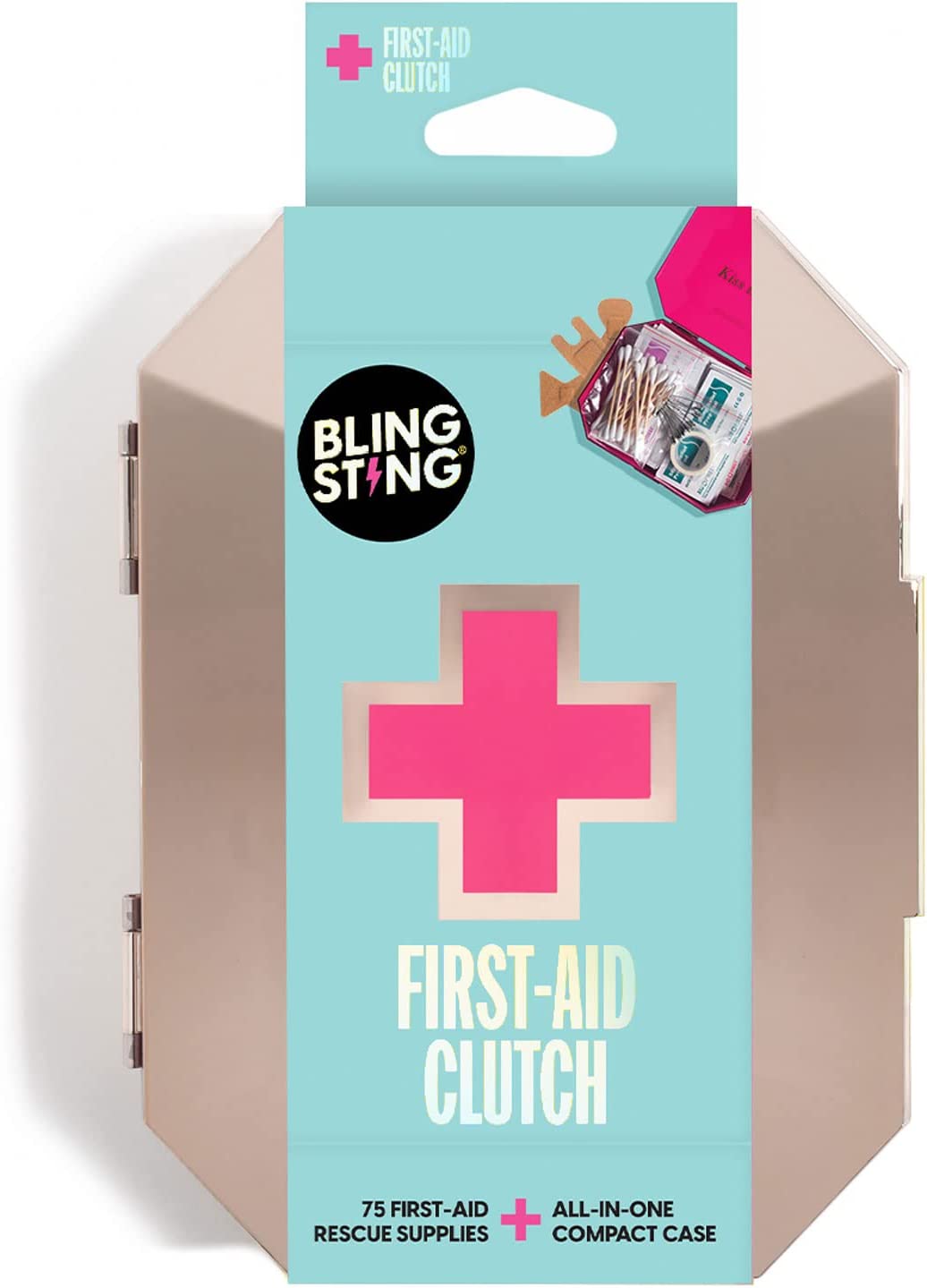 BLINGSTING First-Aid Clutch Kit – Compact Safety Case with 75 Essential First Aid Items – Rose Gold