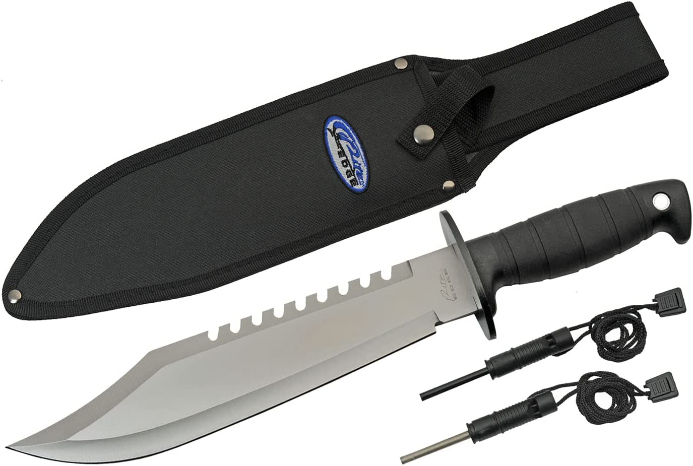 Szco Supplies 15” Rite Edge USA Survival Knife Saw-Back Outdoor Hunting, Camping Knife with Firestarter, Sharpener and Nylon Sheath Black , 211539