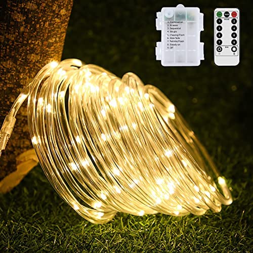 LED Rope Lights Battery Operated, 33Ft 100 LEDs Outdoor/Indoor Waterproof Fairy Lights 8 Modes Dimmable/Timer with Remote Control for Christmas Camping Party Garden Holiday Decoration (Warm White)