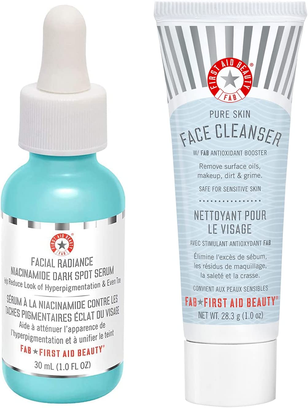 First Aid Beauty Bundle: Facial Radiance Niacinamide Dark Spot Serum – 1 fl oz.– and Deluxe Mini Pure Skin Face Cleanser – 1 oz.