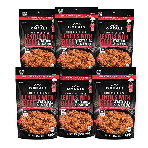 OMEALS Lentils with Beef Good to Go Meals | Mre Meals Military 2022 Bulk, Self Heating Emergency Food Supplies, Fully Cooked Backpacking Meals and Camp Food with Extended Shelf Life | USA | 6 Pack