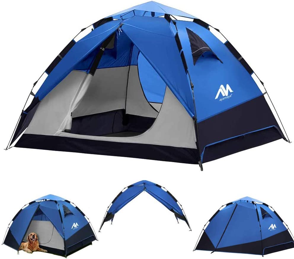 Pop Up Tents for Camping 3-4 Person Automatic Setup – AYAMAYA [2 in 1 Design] Double Layer Waterproof Instant Popup Tent – [2 Doors] Quick Easy Set Up Family Tent Shelter Outdoor Gifts