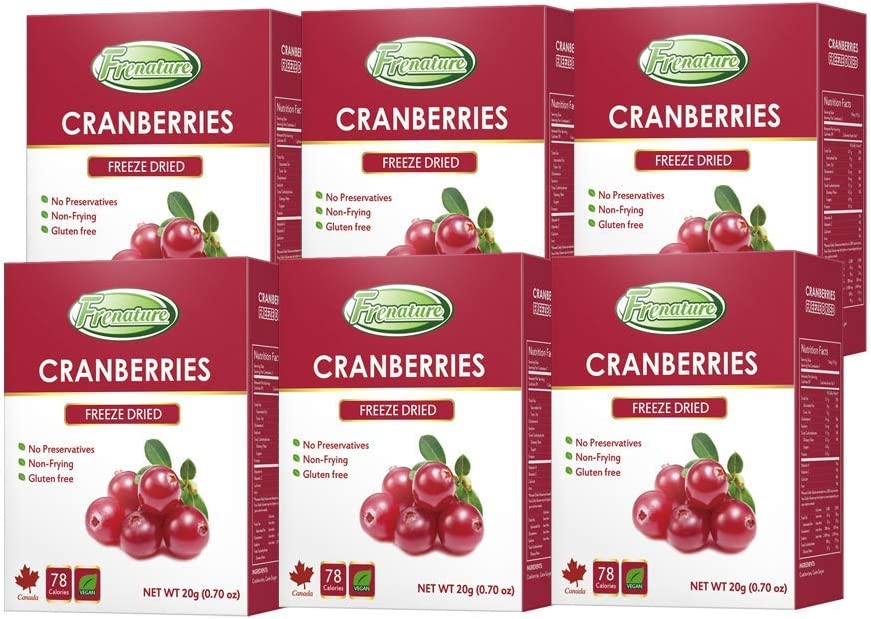 Frenature Freeze Dried Cranberry, Sweet & Tart Freeze Dried Fruit Snacks Individual Packs, Grade A Whole Cranberries from Canada, Healthy Snacks for Adults and Kids, Gluten Free, 0.7 oz (Pack of 6)