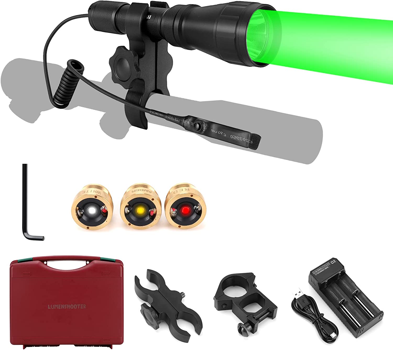 LUMENSHOOTER LS350 Predator Light Kit, Red Green White Amber Hunting Flashlight with Scope Rail Mount, Max. 10 Hours Rechargeable Batteries for Hog Coyote Coon Varmint Rabbit Night Hunting