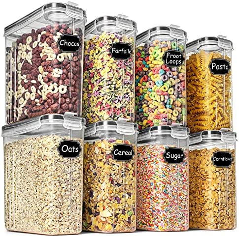 Cereal & Dry Food Storage Containers, Wildone Airtight Cereal Storage Containers Set of 8 [2.5L / 85.4oz] for Sugar, Flour, Snack, Baking Supplies, Leak-proof with Black Locking Lids