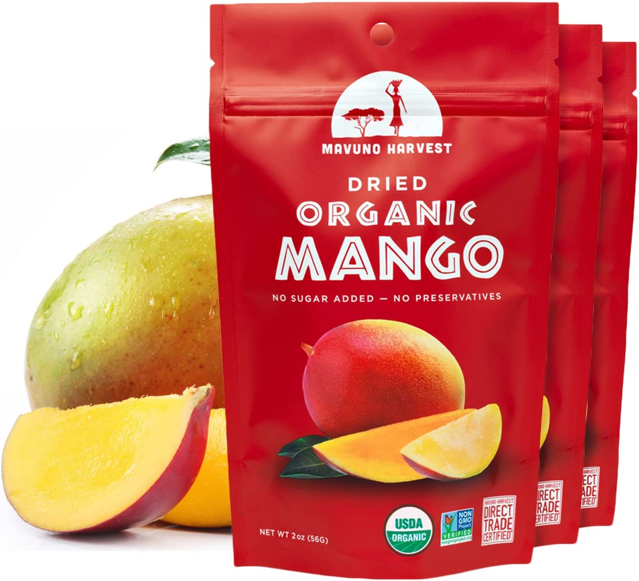 Mavuno Harvest Mango Dried Fruit Snacks | Unsweetened Organic Dried Mango Slices | Gluten Free Healthy Snacks for Kids and Adults | Vegan, Non GMO, Direct Trade | 2 Ounce, Pack of 3