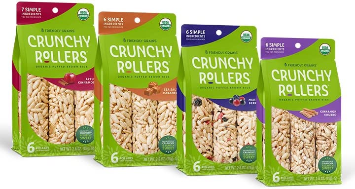 Friendly Grains – Crunchy Rollers – Organic Rice Snacks, Crispy Puffed Rice Rolls, Healthy Snack Rolls for Adults and Kids – Variety Box (4 Packs of 6)