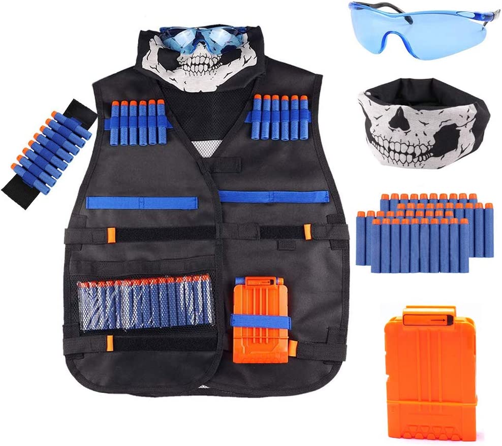 Kids Tactical Vest Kit for Nerf Guns N-Strike Elite Series with Refill Darts,Reload Clips, FaceTube Mask, Hand Wrist Bands and Protective Glasses ,Nerf Vest Toys for Boys & Girls