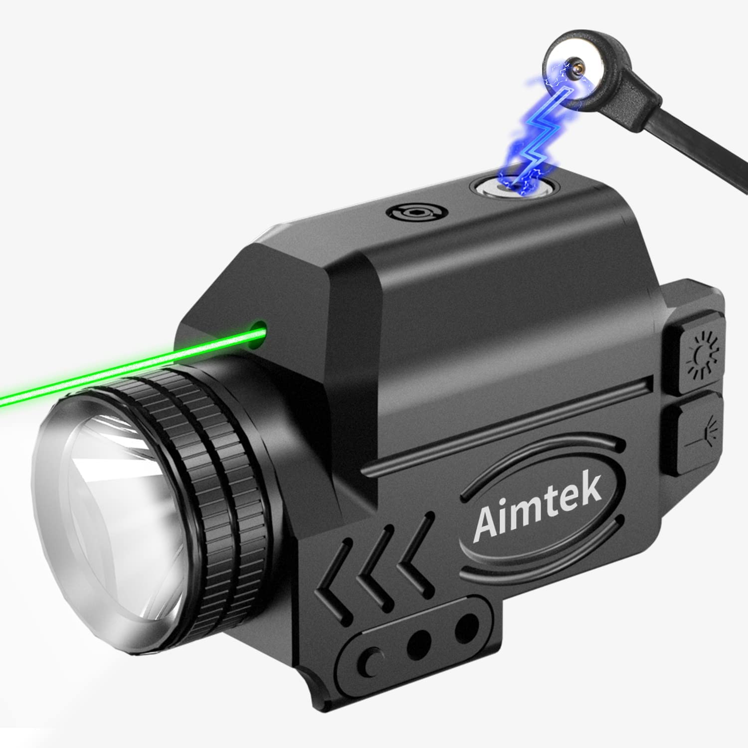 1000 Lumens Aimtek Pistol Green Laser Sight and Tactical Flashlight Combo ,Strobe Weapon Light and Laser with 3 Adjustment Holes,Magnetic Charging,For Compact Pistol with Picatinny Rail and Screw Slot