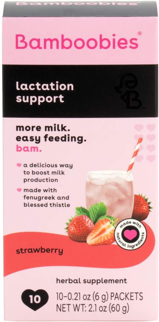Bamboobies Women’s Lactation Support Drink Mix, Strawberry, Supplement Packets for Breastfeeding, 10 Packets, Made in the USA