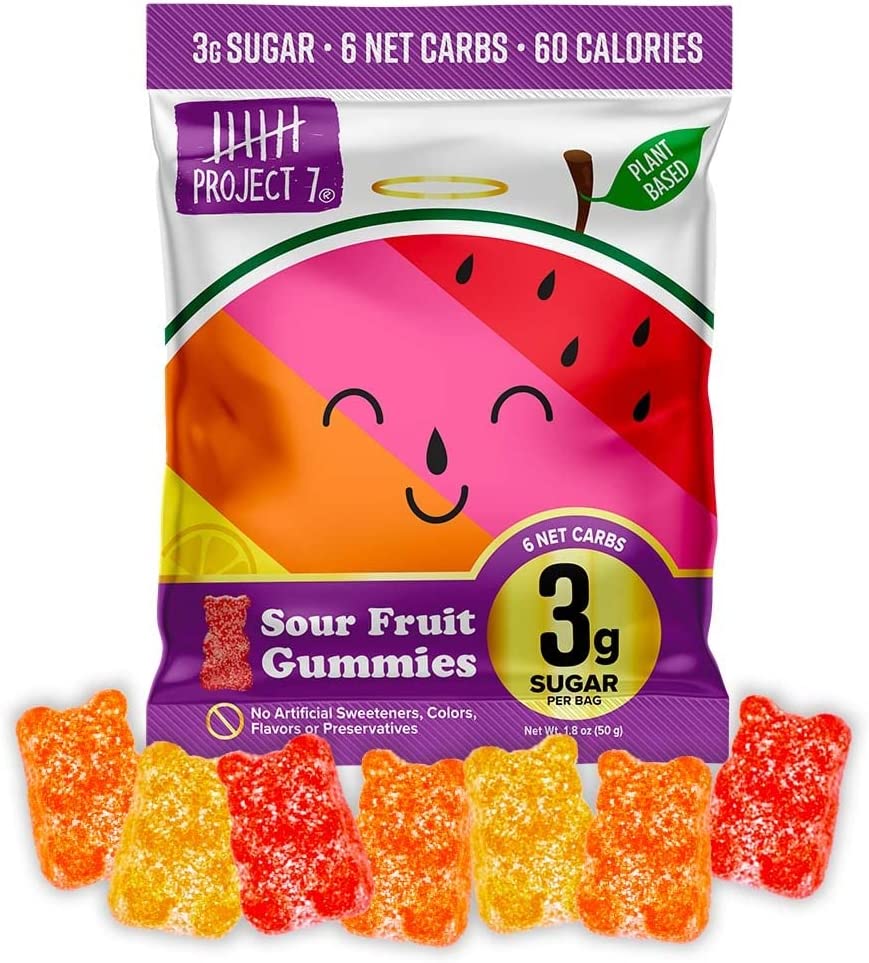 Project 7 Low Sugar Sour Gummy Bears – Keto Candy & Vegan Candy with 3g Sugar & 6g Net Carbs – Low Calorie Snacks for Kids and Adults – Vegan Gummy Candy with no Sugar Alcohols, (8 Pack)