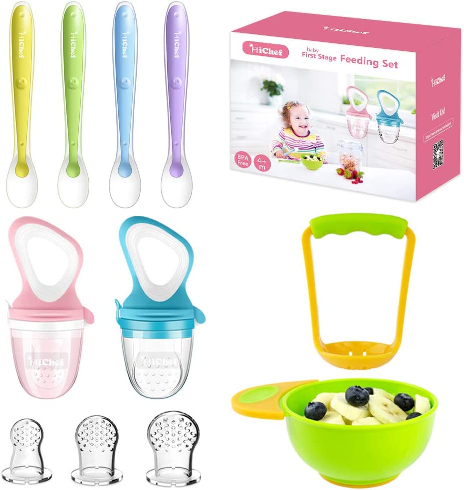 Food Feeder Baby Fresh Fruit Feeder (2 Pack) with 3 Different Sized Silicone Pacifiers, Mash and Serve Bowl with 4 Soft-Tip Silicone Baby Spoons, Perfect Baby First Stage Feeding Set by MICHEF