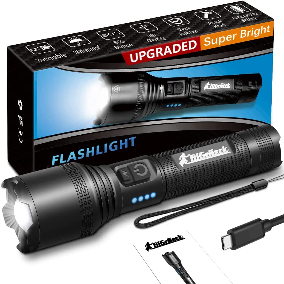 Bigcheck Super Bright Flashlight, LED High Lumens Flashlights, Emergency Strobe USB C Rechargeable 5 Modes 4X Zoomable IP67 Waterproof Powerful Flash Lights, EDC Everyday Flashlights