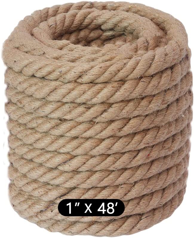 48 feet 1Inch Thick Manila Rope, JANNO Natural Twisted Hemp Rope for Tug War Home Garden Decorating, Hammock, Railings, Landscaping, Boat Fixing, Packing, DIY Arts Crafts, Cat Scratching Post and More