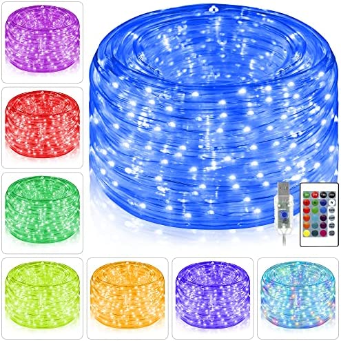 Ollny LED Rope Lights 100 LED/33ft Christmas Lights Outdoor,IP65 Waterproof Fairy Tube String Lights,USB Powered&Timer,4 Mode Remote for Bedroom Party Home Patio Indoor Decorations, 16 Color