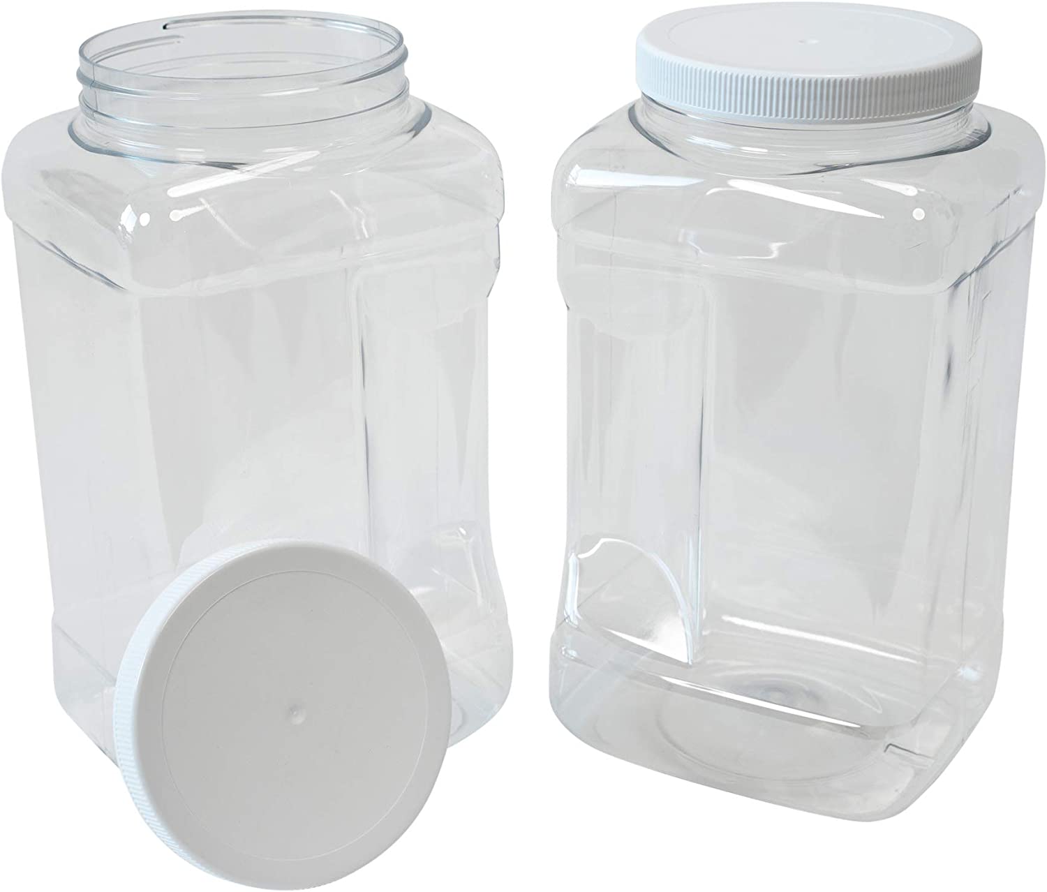 CSBD 1 Gallon Clear Plastic Jars with Ribbed Liner Screw On Lids, BPA Free, PET Plastic, Made in USA, Bulk Storage Containers 2 Pack (1 Gallon (Square))