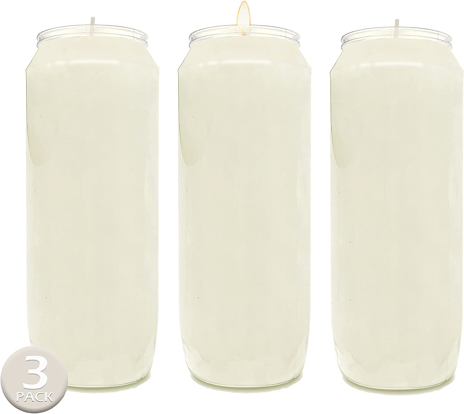 9 Day White Prayer Candles, 3 Pack – 7" Tall Pillar Candles for Religious, Memorial, Party Decor, Vigil and Emergency Use – Vegetable Oil Wax in Plastic Jar Container – by Hyoola