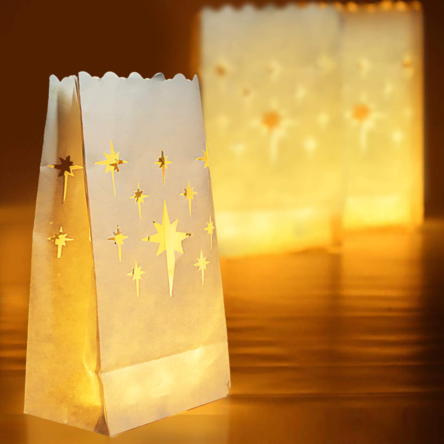 Homemory 50 PCS White Luminary Bags, Flame Resistant Candle Bags, Stars Design Luminaries for Wedding, Party, Halloween, Thanksgiving, Christmas