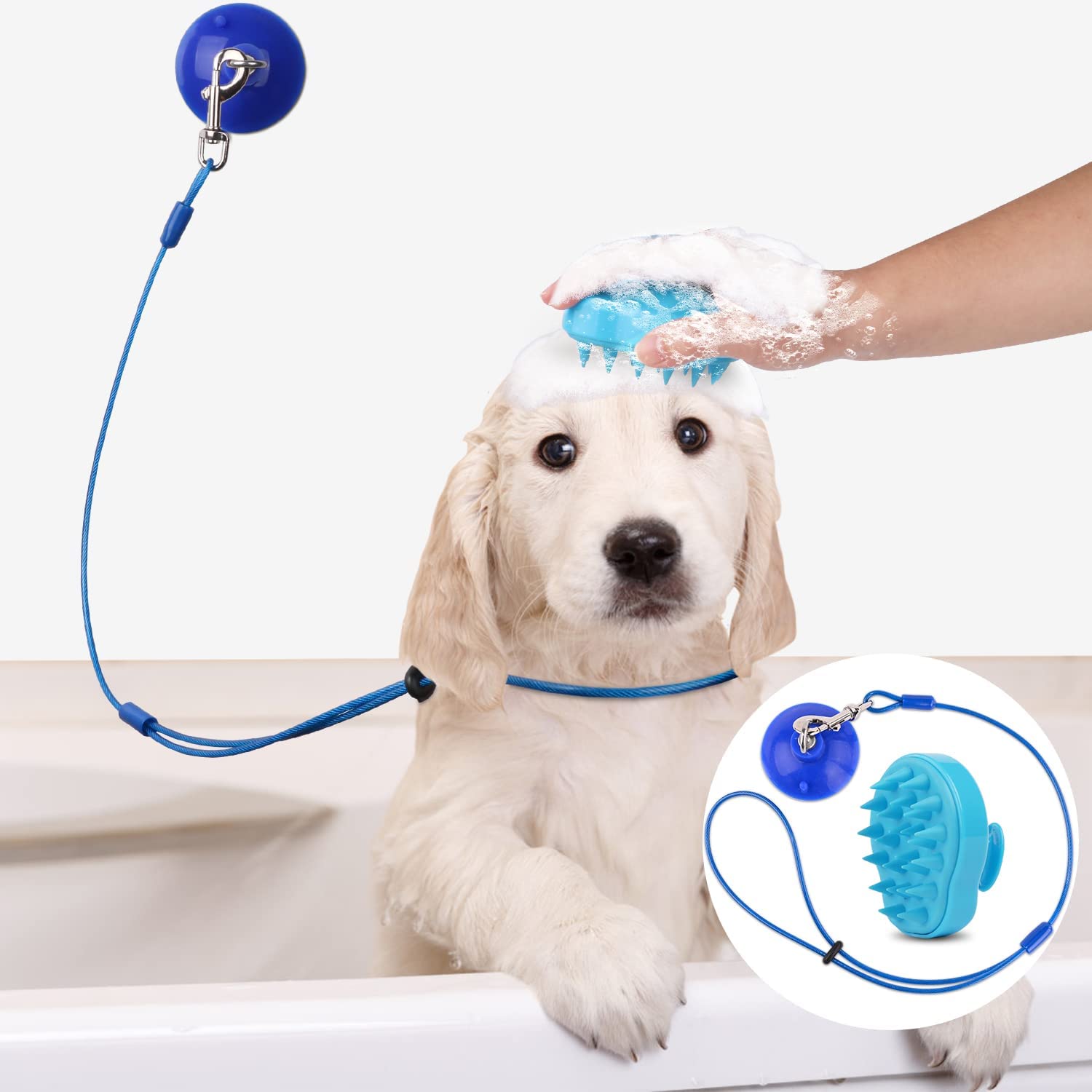 Petbobi Dog Bath Tether with Heavy Suction Cup + Adjustable Dog Grooming Leash + Soft Bath Brush, Dog Bathing Leash for Restraint Pets During Shower and Grooming