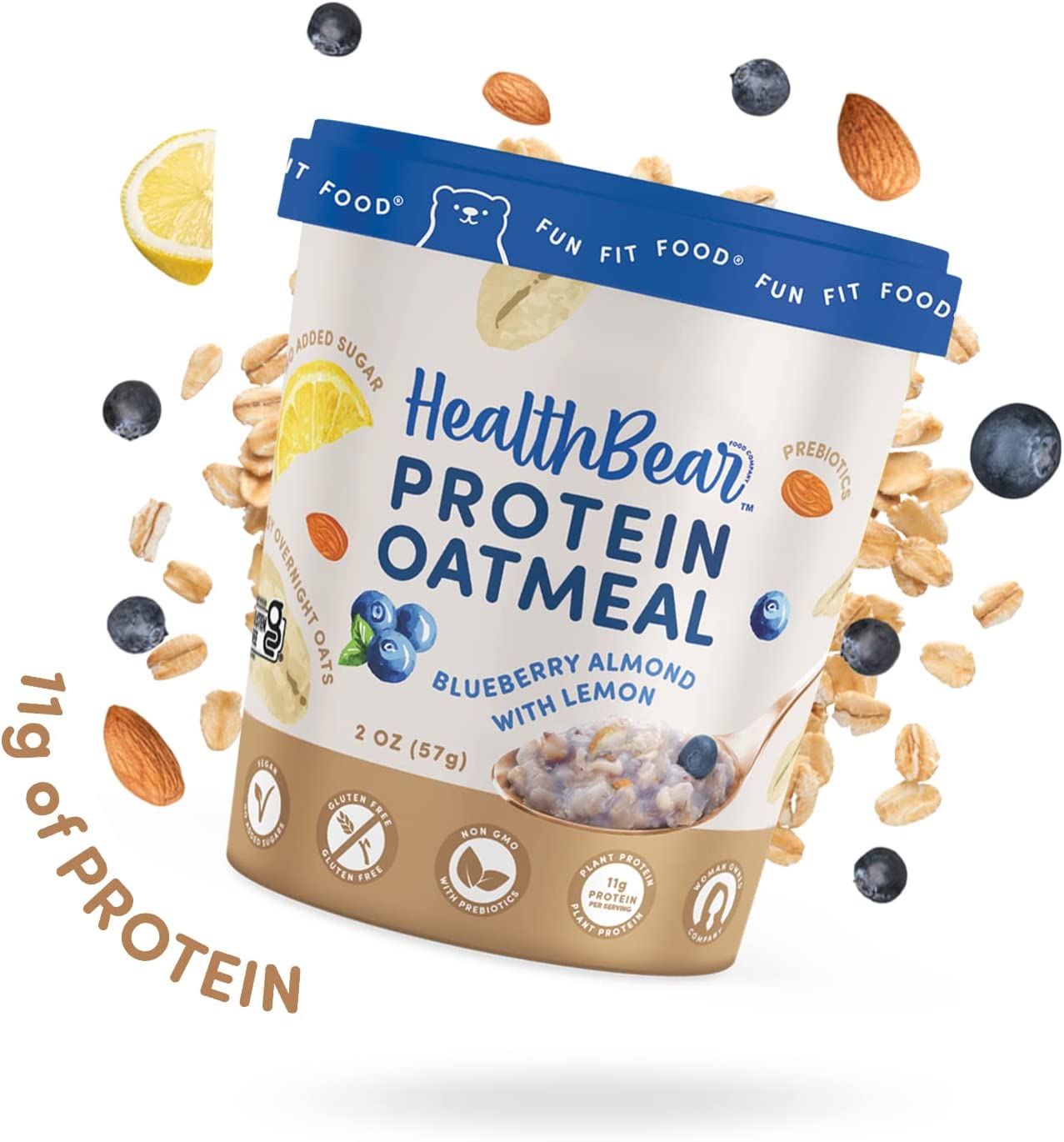 Health Bear Food Company Plant-Based Instant Oatmeal Cups, Blueberry Almond with Lemon, Superfood, Organic, Gluten-Free, Dairy Free, Vegan, Non GMO, No Added Sugar, High Protein, Overnight, Hot, Cold Breakfast, MADE IN USA, 6ct