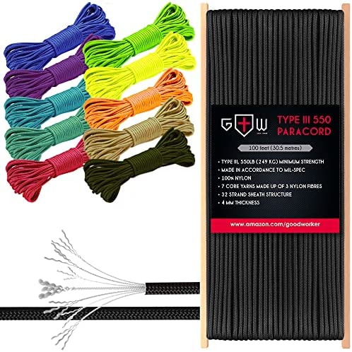 Grand Way Paracord 100 ft – Type III Paracord 550-4mm Nylon Rope Mil-Spec para Cord – Camping Rope Hiking Fishing Survival Boy Scout Parachute Cord – Outdoor Hammock 550 Paracord