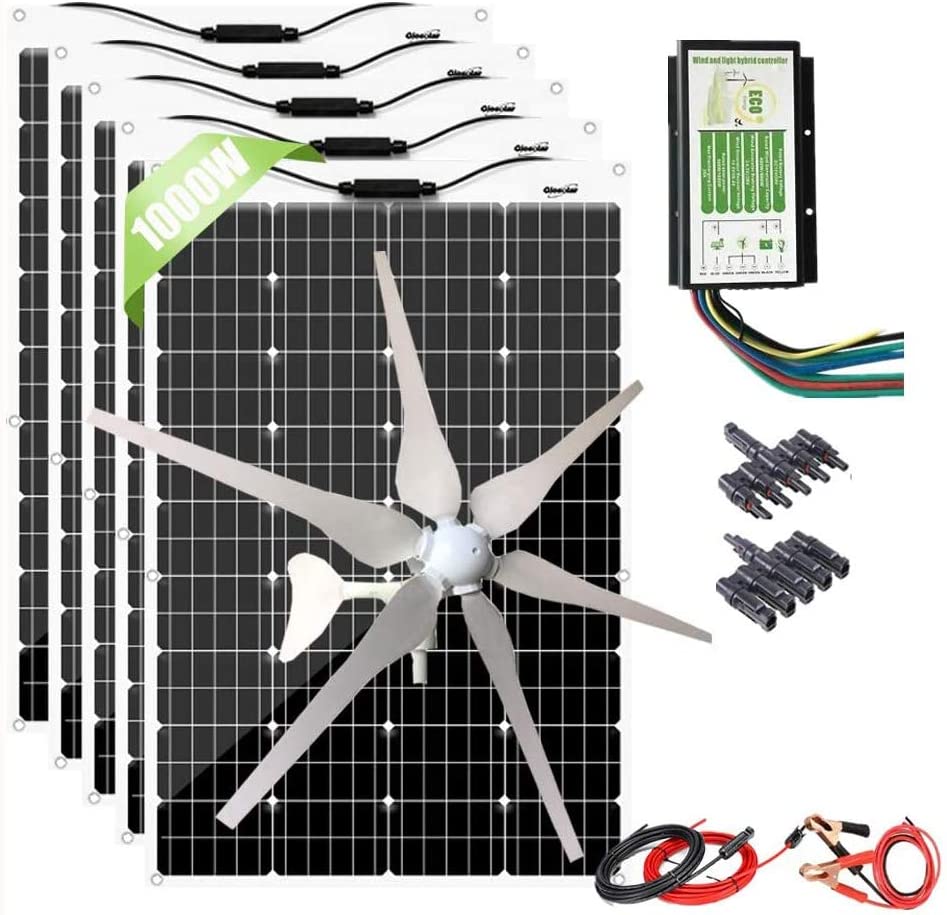 600W Flexible Solar Panel + 400W Wind Turbine Generator + Hybrid Charge Controller,1000 Watts 12V Wind Solar Kit for Home Off Grid System