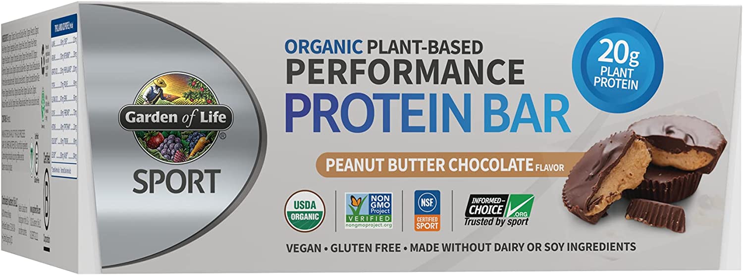 Protein Bars by Garden of Life SPORT, Organic Vegan Protein Bar for Women & Men – Peanut Butter Chocolate 20g Pure Protein per Bar with BCAAs & 9g Fiber, High Protein for Pre & Post Workout, 12 Count