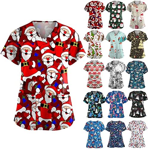 Fall Clothes for Women 2022 Nurse Christmas V Neck Women’s Short Sleeve Scrub Top Xmas Print Shirts Nurses Uniform