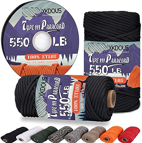 XKDOUS 550 Paracord 50ft Black Parachute Cord, 100% Nylon 7 Strand Inner Core Type III Tactical Paracord Rope, Outside Survival Gear for Bracelets, Lanyards, Handle Wraps, Camping & Hiking