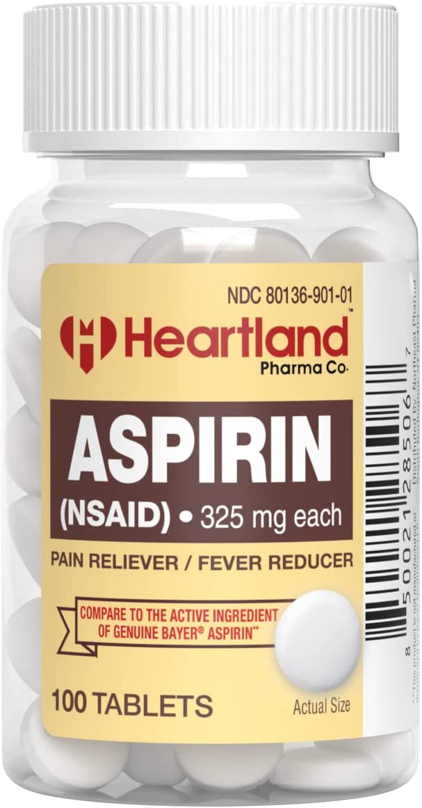Heartland Pharma Aspirin 325mg Uncoated NSAID with Child Resistant Safety Cap – Made in USA – (100 Count)