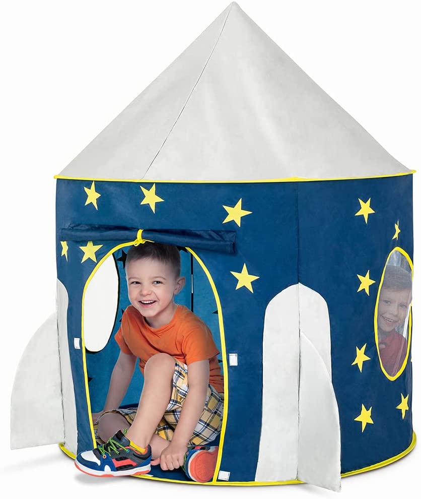 FoxPrint Rocket Ship Tent – Space Themed Pretend Play Tent – Space Play House – Spaceship Tent For Kids – Foldable Pop Up Star Play Tent Blue