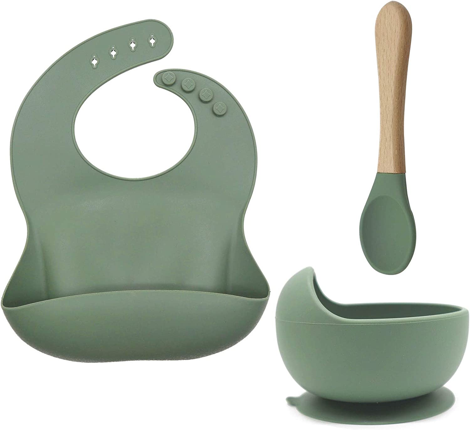 Ginbear Baby Bowls with Suction First Stage, Silicone Bibs, Baby Feeding Spoons, Baby Led Weaning Supplies for Ages 6 Months+ (Hazy Green)