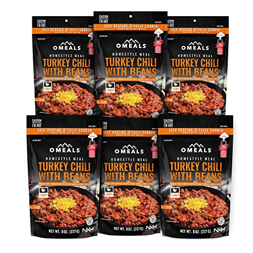 OMEALS Turkey Chili w/Beans Good to Go Meals | Mre Meals Military 2022 Bulk, Self Heating Emergency Food Supplies, Fully Cooked Backpacking Meals and Camp Food with Extended Shelf Life | USA | 6 Pack