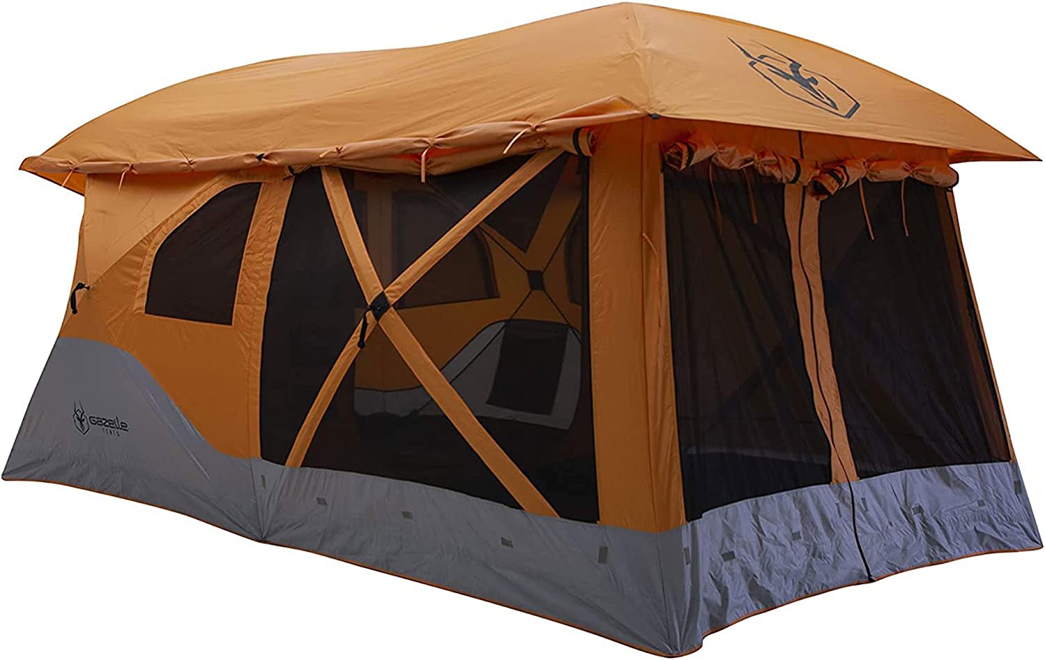Gazelle Tents™, T4 Plus Hub Tent, Easy 90 Second Set-Up, Waterproof, UV Resistant, Convertible Screen Room, Removable Floor, Ample Storage Options, 4-8 Person, Sunset Orange, 78" x 94" x 165", GT450SS