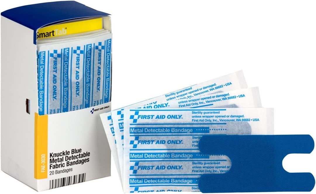 First Aid Only FAE-3030 SmartCompliance Refill Blue Metal Detectable Knuckle Bandages, 20 Count