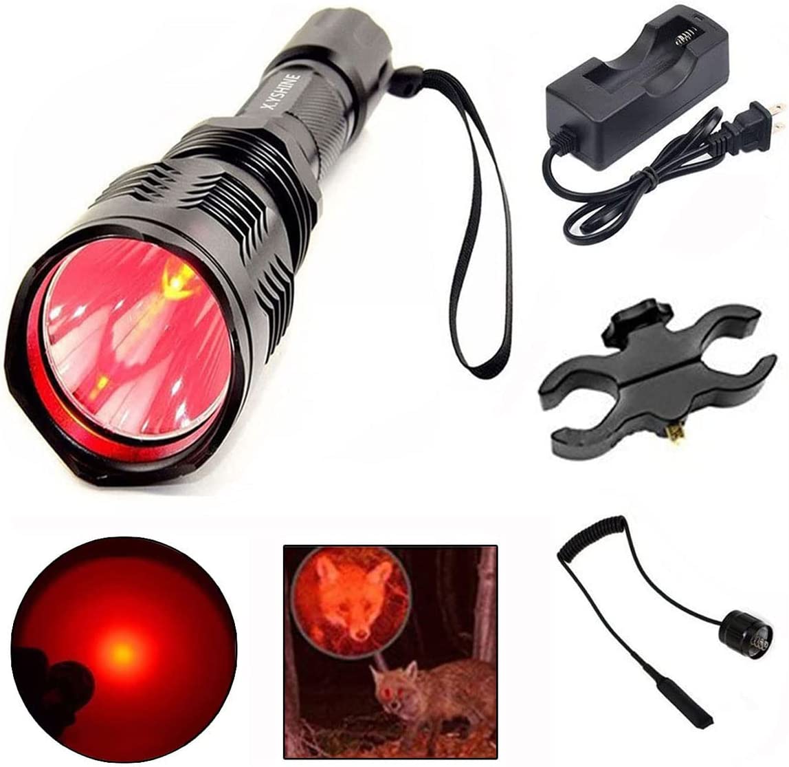 X.YSHINE LED Hunting Flashlight, HS-802 250 Yards Cree Coyote Hog Red Light Flashlight with Remote Tactical Pressure Switch+ Barrel Mount+ Battery(not Sold Individually)+ Charger for Hunting, Fishing