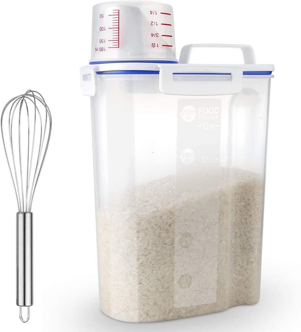 Uppetly Rice Airtight Dry Food Storage Containers, BPA Free Plastic Sealed Holder Bin Dispenser with Pouring Spout, Measuring Cup for Cereal, Flour and Oatmeal, Include a Stainless Steel Whisk