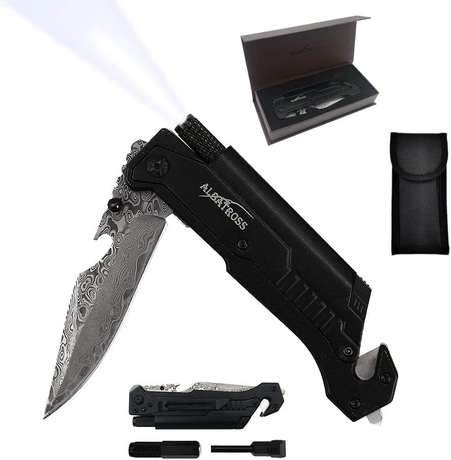 7-in-1 Multifunctional Folding Knife with Damascus Steel Blade,Glass Breaker, Seatbelt Cutter,Flashlight,Fire Starter,Bottle Opener and Carrying bag, Good for Military Emergency Outdoor Rescue (Black)