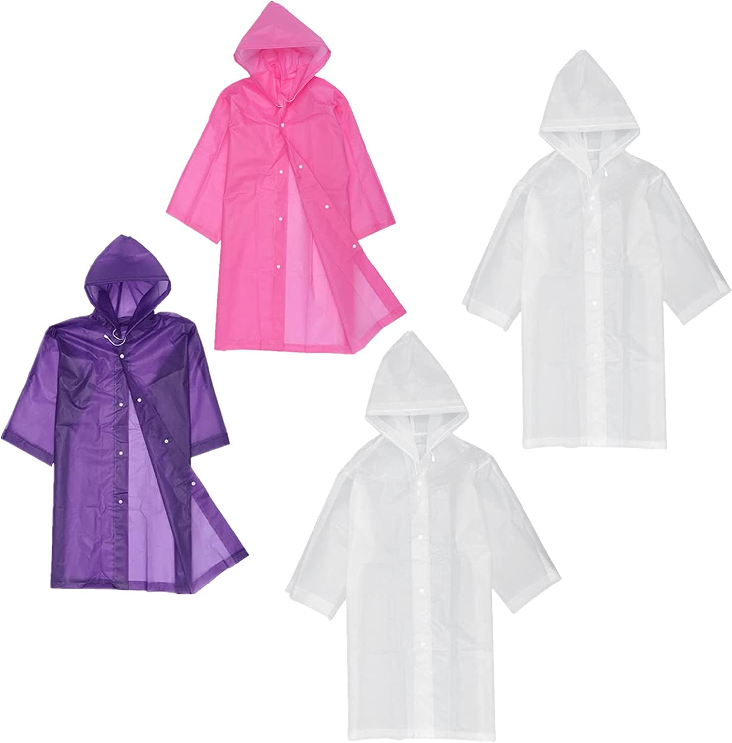 AMYYY Boys Girls EVA Rain Poncho (4 Pack) Reusable Breathable Rainproof With Hoodraincoat,Tight Cuff Design., 1 Purple +1 Pink + 2 White, 43 in